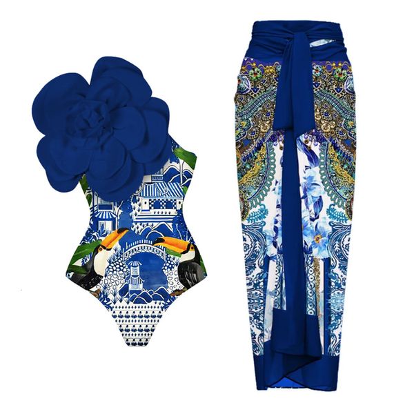 Maillot de bain femme bleu une épaule à volants imprimé floral maillot de bain ensemble couvrir une seule pièce Micro Monokini maillots de bain sexy pour filles été plage 230608