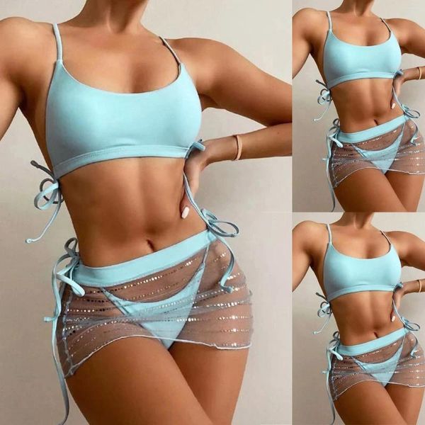 Traje de baño para mujer Traje de baño azul Traje de baño Bikini acolchado Conjunto transparente Push-up Falda sexy Traje Mujer Trajes de baño Camisa de flores Chica adolescente