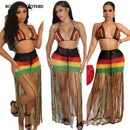 Dames badmode bodyconclothers kleurrijke hand gehaakte tweedelig set zomer jurk vrouwen gebreide outfits vat bh bh tassel maxi rok strand cover 230815