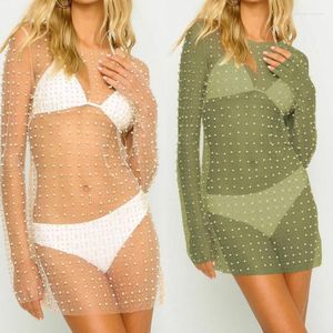 Maillots de bain pour femmes Bohême Robe de vacances Mode Femmes Bikini Cover Up Sexy Manches Longues Perlé Mesh Court Slim Party Vêtements D'été T-Shirts