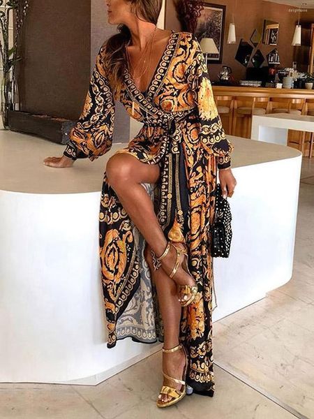 Maillots de bain pour femmes Bohemian Plus Size Beach Dress Self Belted Robes à manches longues Femmes Summer Sexy Maillot de bain Cover-ups Kimono Femme Vêtements