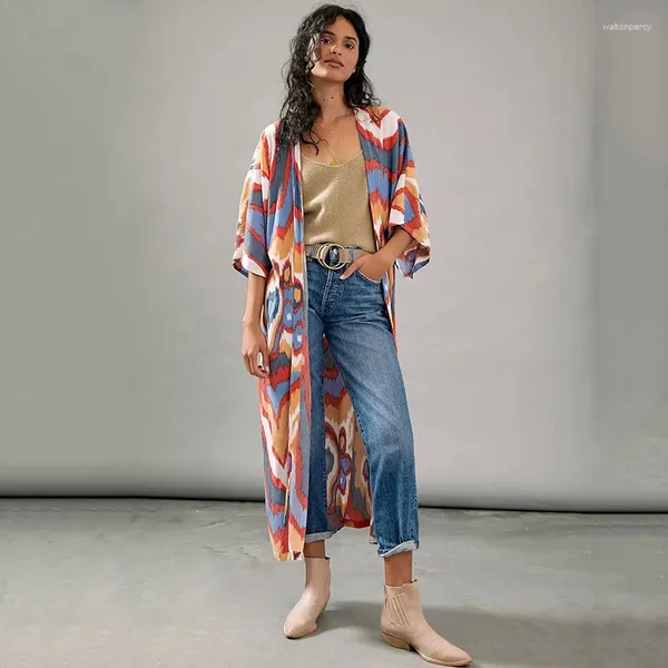 Traje de baño para mujer, vestido tipo kimono largo con estampado bohemio, Túnica Vintage, ropa de verano para mujer, ropa de playa, traje de baño para cubrir