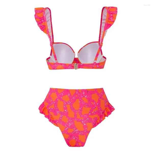 Traje de baño para mujer Traje de baño estampado bohemio Estilo bohemio Manga con volantes Sujetador bandeau Conjunto de natación de cintura alta Bikini con estampado floral 2 piezas para damas