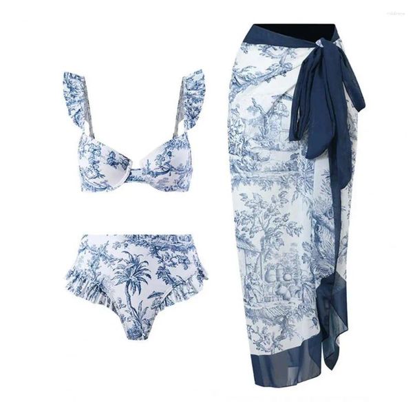 Traje de baño para mujer Conjunto de traje de baño bohemio Bikini estilo bohemio con manga con volantes Sujetador bandeau Cintura alta Nadar Estampado floral Falda para cubrir la playa