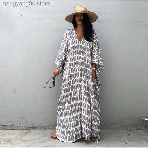 Maillots de bain pour femmes Boho Black Leaf Print Beach Outing Robes longues Femmes Maillot de bain Cover Up Beach Wear Kimono Tuniques Robe de plage Kaftan Sarong T230505