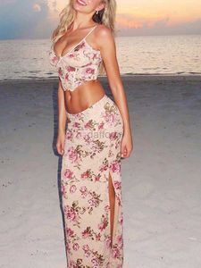 Damesbadmode Boho Chic bloemenprint 2-delig bandeau-top en transparant mesh maxi dames zomerstrandpak 24326