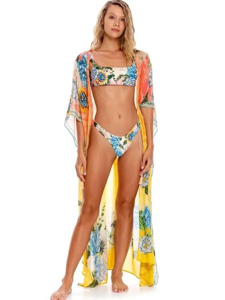 Maillots de bain pour femmes Boho Inspiré Imprimé Cover-Ups Femmes Kimono Manches Col V Été Gland Attaché Bikini Cover Ups Pour