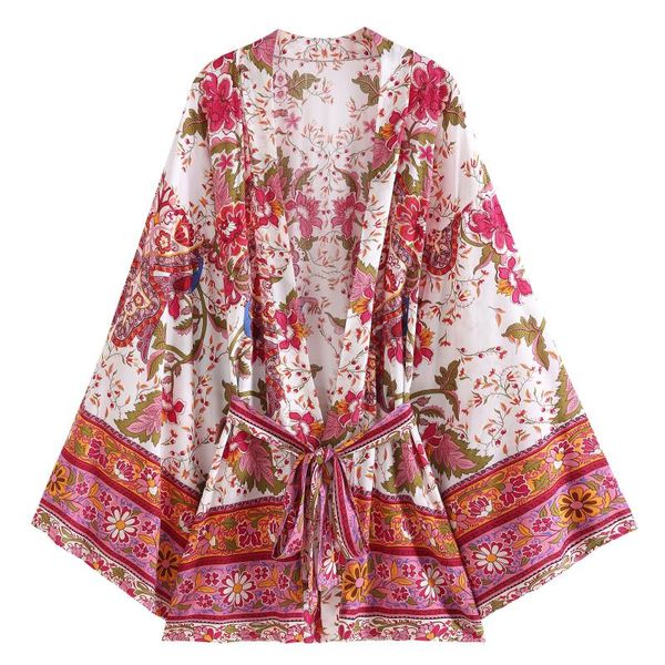 Traje de baño para mujer Boho Plus Blusas Botánico Estampado floral Túnicas cortas Bikini de verano Cubre Ups Manga 3/4 Fajas Rayón Algodón Kimono Bohemio