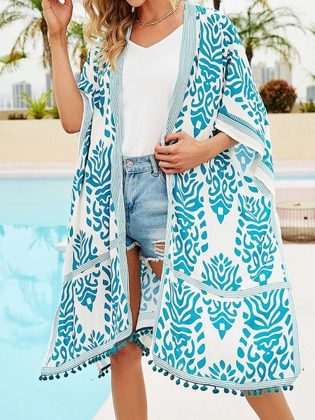 Maillots de bain pour femmes Boho Imprimé Cover-Ups Femmes D'été À Manches Courtes Casual Mousseline De Soie Cover Up Costume Lâche Bikini Kimono Tassel Beachwear Cardigan