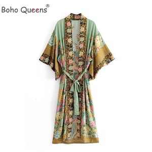 Maillots de bain pour femmes Boho Queens Femmes Paon Floral Imprimer Bat Manches Plage Bohème Kimono Dames Col V Été Happie Robe Bikini Cover-ups 230323