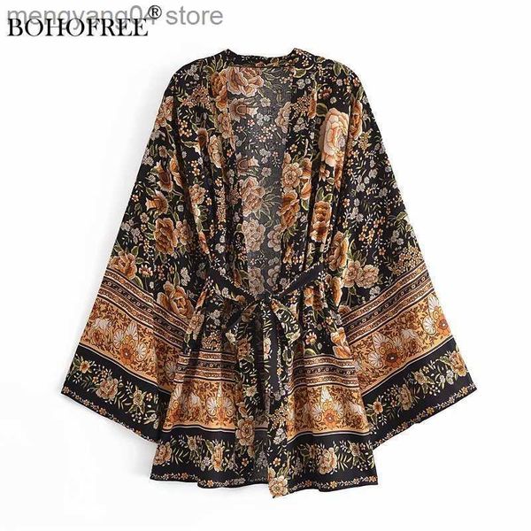 Traje de baño para mujer Boho Vintage Negro Estampado floral Túnicas cortas Casual Beach Cover Ups Blusas Cinturón Estilo gitano Hippie Mujeres Kimono T230505