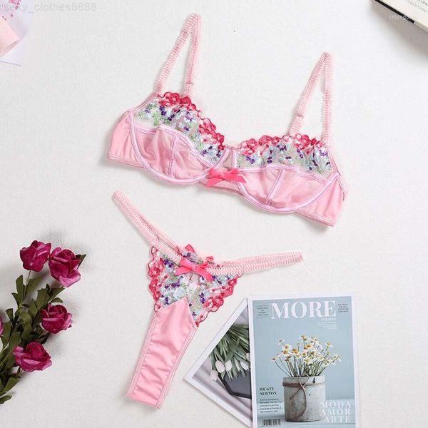 Traje de baño para mujer Conjuntos de sujetadores Conjunto de ropa interior de flores de encaje sexy Conjunto de ropa interior bordada con aros Mujeres Push Up Bra Malla Transparente Tanga delgada Lencería sexual