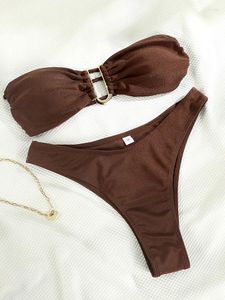 Damesbadmode Bruine kleur Bikini Set Effen badpak Dames Bandeau Tweedelige pakken U-hals Strandkleding Hol Biquini