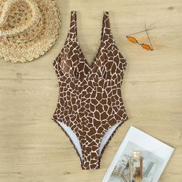 Swimwwear Brown Brown Leopard Print One Piece Swimsuit For Women Slim V-Neck Suspender Backless Bikini Beach Monokini 2024 Été