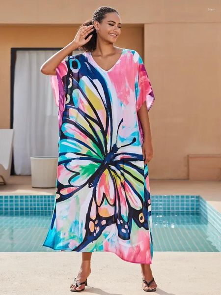 Traje de baño para mujer Vestidos de playa de mariposas Kaftans estampados geométricos para mujeres Maxi Robe Traje de baño Cover Ups Holiday Beachwear S