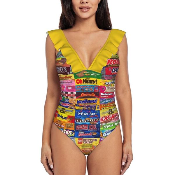 Maillots de bain femme Candy Wrappers Ruffle One Piece Maillot de bain Femme Push Up Monokini Sexy Print Maillot de bain Chocolate GumFemme