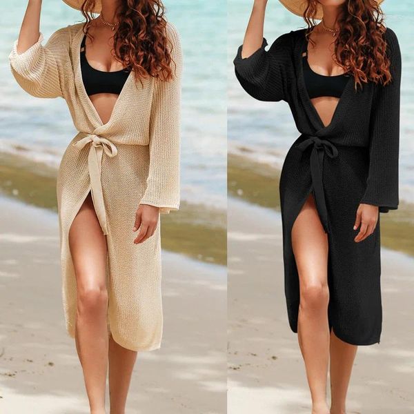 Maillots de bain pour femmes Cape sur la plage Plus Taille Cover Up Maillots de bain pour femmes Peignoir Saida de praia Couleur unie Manches longues Respirant Sexy