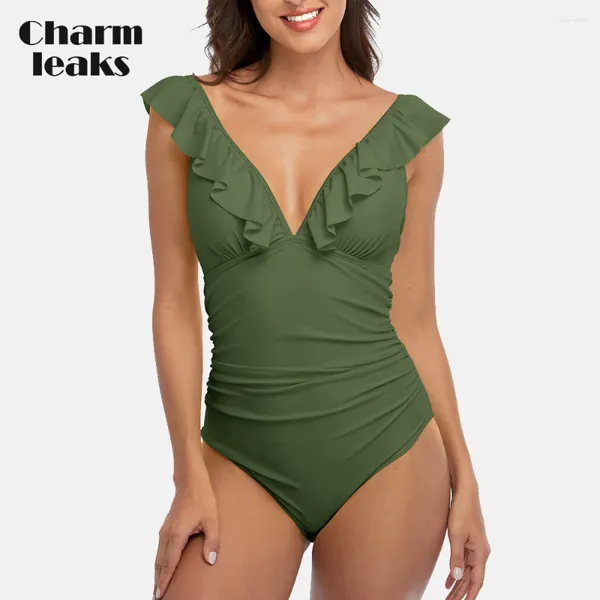 Charmleaks de trajes de baño para mujeres Trajes de baño de una pieza para mujeres Solid V Neck Ruched High Cut Leg Monokini Trajes de baño