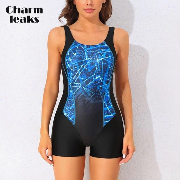 Swimwear féminin Charmleaks Femmes Sports Sports Sports Sports Printed Professional Training Racerback Boyleg High Elastic U Neck