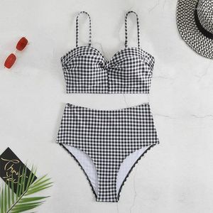 Maillots de bain pour femmes Maillot de bain imprimé à carreaux pour femmes taille haute 2 pièces bikini froncé sexy jarretelles dos nu maillot de bain été