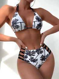 Swimwear féminin Chisalis 2024 Sexy Palm Tr Print Cross Bikinis Set Womenntwo-Spied High Wistan Sweins Summer Beach Swimwear Bathing Full Y240429