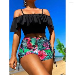 Dames badkleding cikini-classy tropical tankini set koude schouder ruche ruche top hoge taille shorts strand badpak 2 pc's zomer