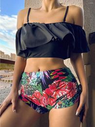 Dames badkleding cikini-classy tropical tankini set koude schouder ruche ruche top hoge taille shorts strand badpak 2 pc's zomer