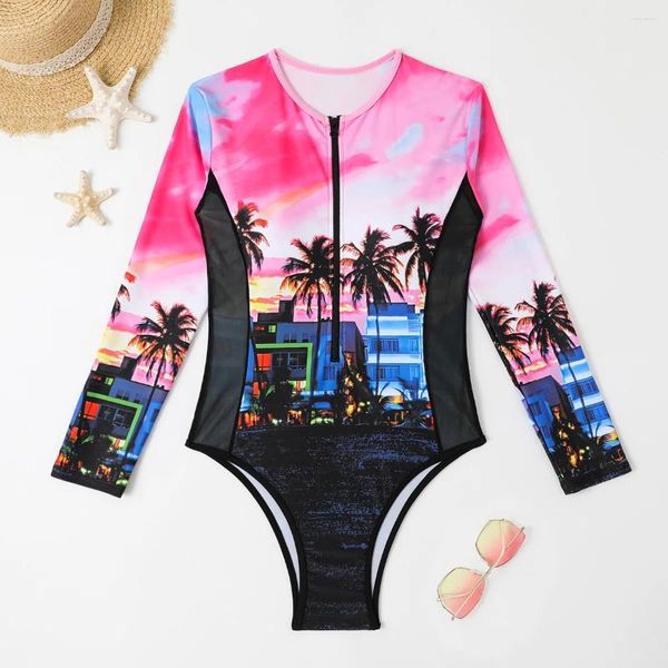 Swimswear pour femmes Coconut Palm imprimé en un morceau de maillot de bain féminin 2024 Femmes à fermeture éclair zippe Bathing Trots Summer Beach Wear Bather Monokini Swim