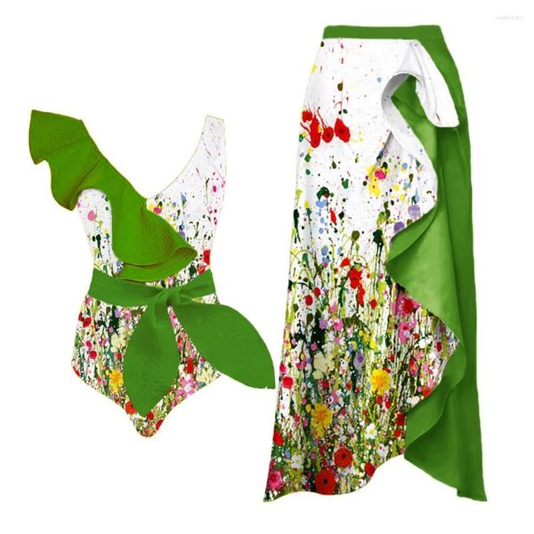 Traje de baño para mujer Estampado de flores coloridas Traje de baño con correa con cuello en V Hoja de loto Elegante Bikini de una pieza Vestido de cola de Hart dividido a la moda Ropa de playa