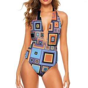 Swimwear féminin Colorful Retro 60S MAINTENANT GÉOMÉTRIQUE VINTAGE FEMME VINTAGE PUSH-UP KAWAII BATUILLE SEXE SEXE V