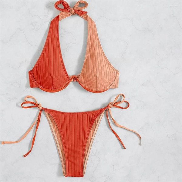 Swimwear Women Coral Red Bikini Patchwork Planche de maillot de bain Push Up Up Bandage Bandage String String Femmes 2 pièces Brésilir Suise de bain Bikinis