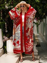 Maillots de bain pour femmes couverture plage Kimono ample grand maillot de bain soyeux couverture rouge imprimé sarong caftans pour femmes tuiques paréos