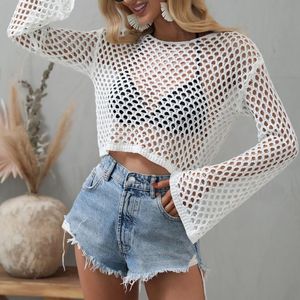 Dames badkleding bedekt mesh top sexy dames haak visnet strand tops kijken door holle out bikini pullover losse pulloverwomen's