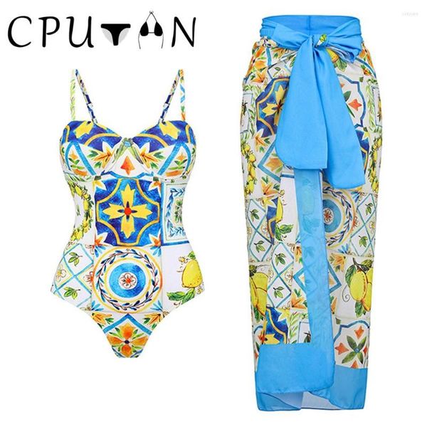 Maillots de bain femme CPUTAN 2023 Ruffle Print One Piece Wimsuit Jupe Asymétrique Holiday Beach Dress Designer Maillot de bain Vintage Push Up