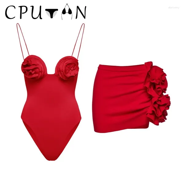 Traje de baño para mujer CPUTAN 2024 Sexy Flor 3D Falda de una pieza Mujeres Vintage Push Up Traje de baño Sólido Rojo Ropa de playa Verano Traje de baño Vestido