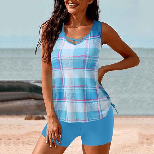 Traje de baño para mujer Criss Cross Plantas tropicales Estampado Tankini Conjuntos para mujer Trajes de baño de dos piezas Malla Patchwork Trajes de baño con lazo lateral