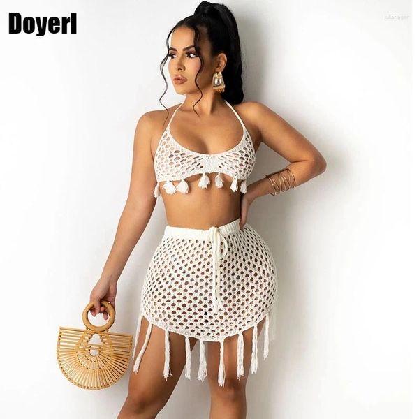 Traje de baño para mujer, conjunto de Bikini de ganchillo, traje de baño tejido, Top Halter, trajes de falda con borlas, ropa de playa, traje de baño para mujer