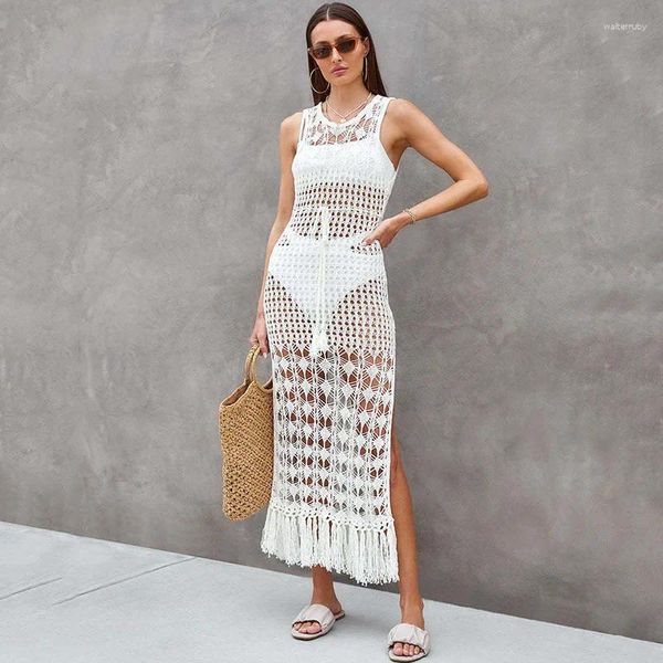 Traje de baño para mujer Túnica de crochet Bikini Cover-ups Sexy Hollow Out Vestido de malla con flecos Mujer Ropa de playa de verano Traje de baño Cubrir