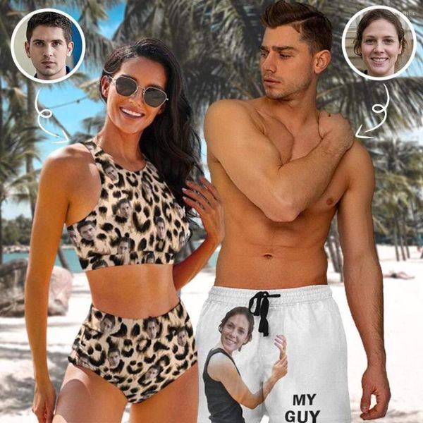 Traje de baño de mujer Cara personalizada Estampado de leopardo Cuello alto Recorte Espalda descubierta Bikini sexy Pareja Ropa de playa de mujer Traje de baño de hombre