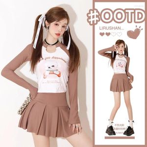 Damesbadmode Leuke mode Sportieve stijl Stropdas Strandbadpak Splitrok Lange mouw Zonwering Lolita Preppy Kawaii Afdrukken