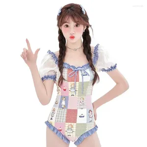 Swimwwear féminin mignon princesse bouffée manches courtes en un morceau de maillot de bain lolita Blue Ruffle Monokini Backless Bathing Push Up Corée