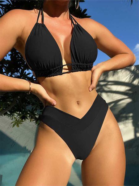 Maillots de bain pour femmes vert foncé Halter Bikini taille haute Push Up maillot de bain deux pièces ensemble été plage Sexy femmes maillots de bain solides maillots de bain 2023 Z0613