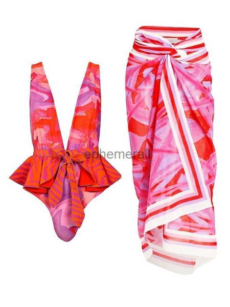 Traje de baño para mujer V profundo Traje de baño sexy Moda roja Arco con volantes Bikini plisado Balneario Traje de baño casual y cubierta larga Tul 2023 Verano YQ231215