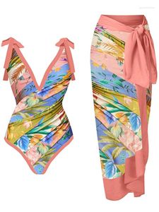 Swimwwear Women Deep V Vintage Print Swimsuit 2024 Fashion Women Summer One Piece Bathing Trots et couvre le style de la plage