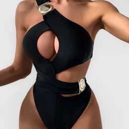 Swimwear féminin Deka Sexy femme solide noir creux One épaule de maillot de bain boucle de boucle de plage