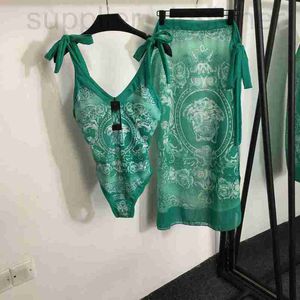 Dames Swimwear Designer 2023 Zomer- en herfst Popular Set Style Zoutbloemprint Suspended Strap One Piece Swimsuit+Flesh Cover Slimming Beach Rok 98fs