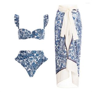 Traje de baño de mujer diseñador 2023 mujeres Sexy azul y blanco estampado de porcelana Bikini conjunto falda cubrir encaje traje de baño ropa de playa Biquini