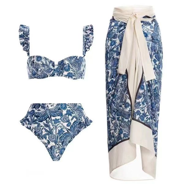 Traje de baño para mujer Diseñador 2024 Mujeres Sexy Azul y Blanco Porcelana Impresión Bikini Conjunto Falda Cubrir Encaje Traje de baño Ropa de playa Biquini Diseñador Traje de baño