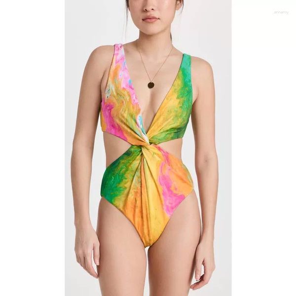 Designer de maillots de bain pour femmes peint Tie-Dye imprimé femme Bikinis Set Front Twist maillot de bain une pièce col en V artistique Beachwear 2023