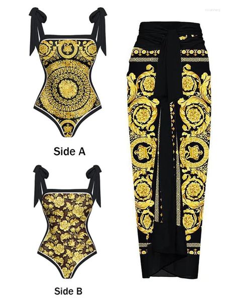 Traje de baño para mujer Traje de baño estampado de doble cara Conjunto de bikini de cintura alta conservador de una pieza Moda francesa vintage 2024 Mujeres